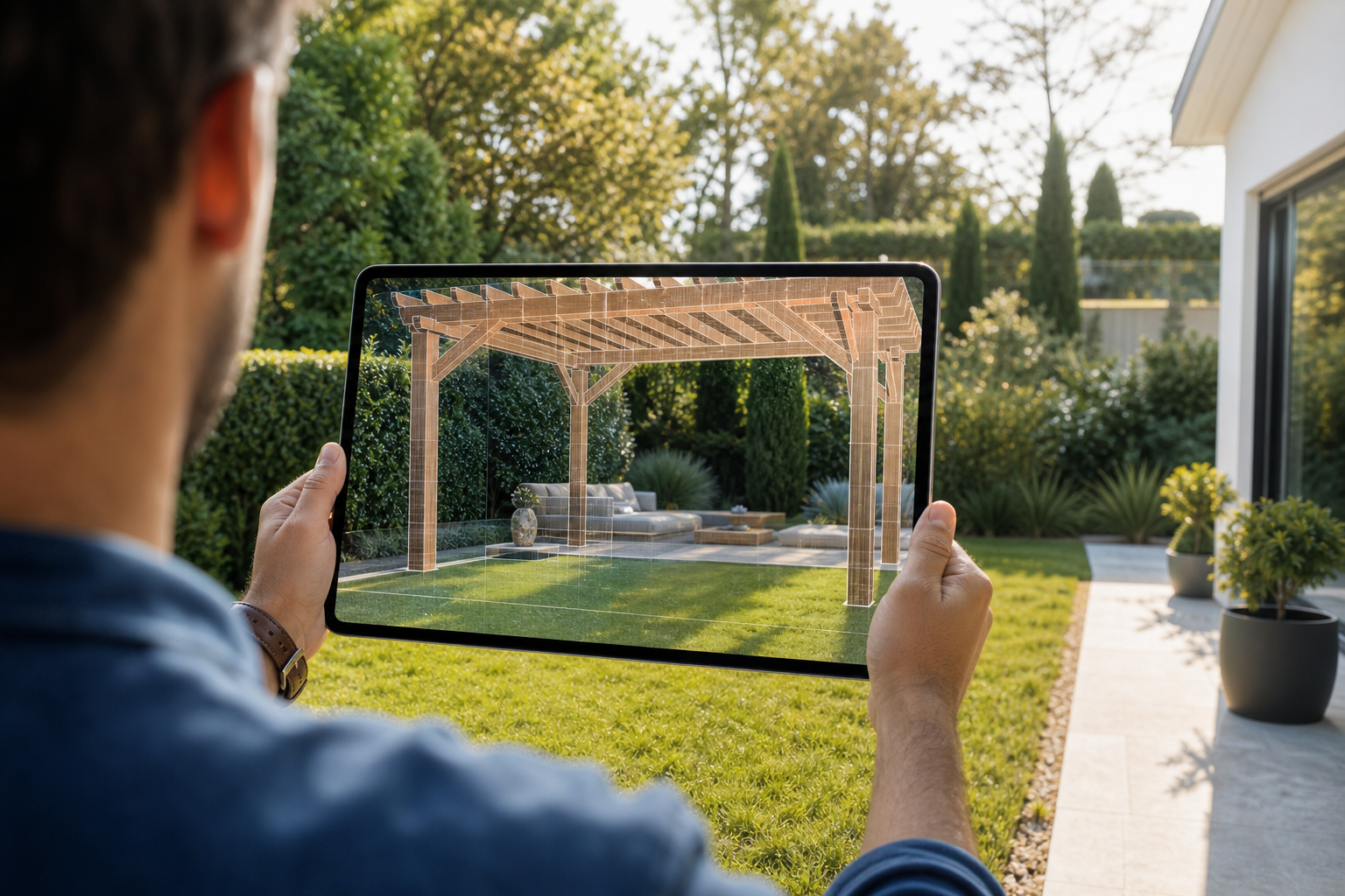 Cliente che visualizza una pergola in realtà aumentata nel proprio giardino